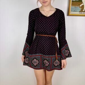 Lac Bleu black long sleeve mini dress boho printed with waist tie Small